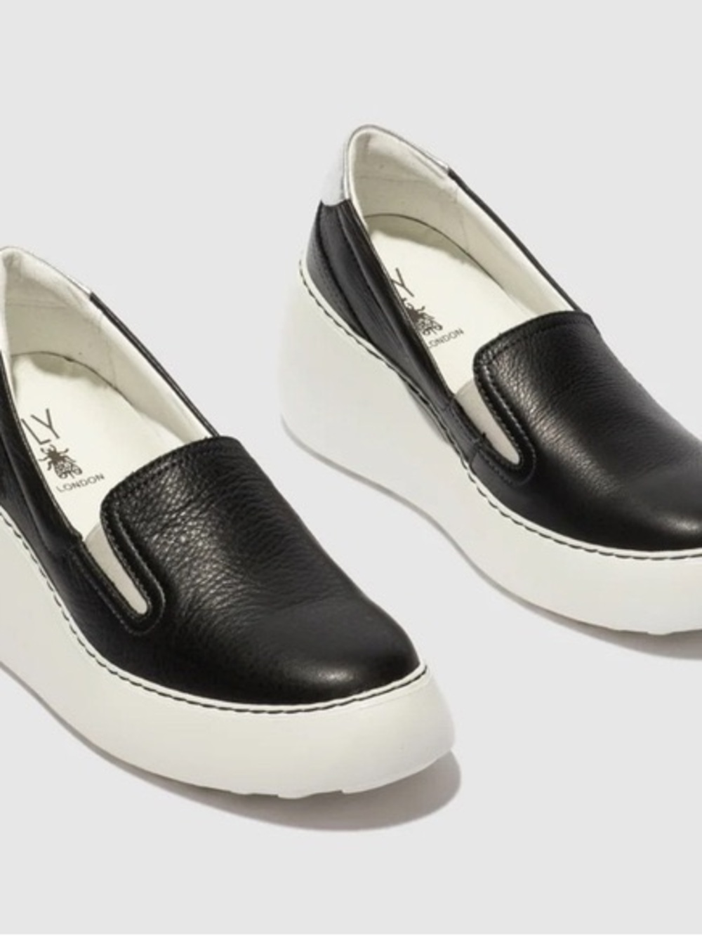 Fly London Black Leather Slip-On Mules with White Platform